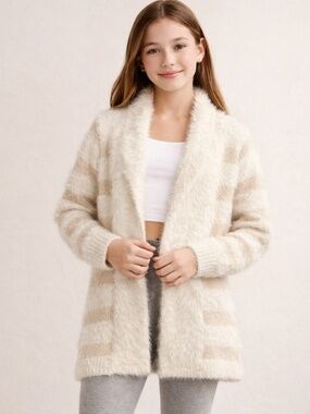 Girls Faux Fur Cardigan Sweater Size 12 Cream Cozy Layering Top Lulurain